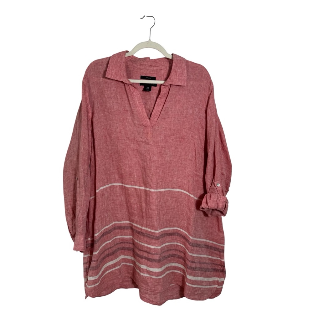 Tahari 100% Linen Popover Tunic Top Size 1X Red Striped Oversized Resortwear